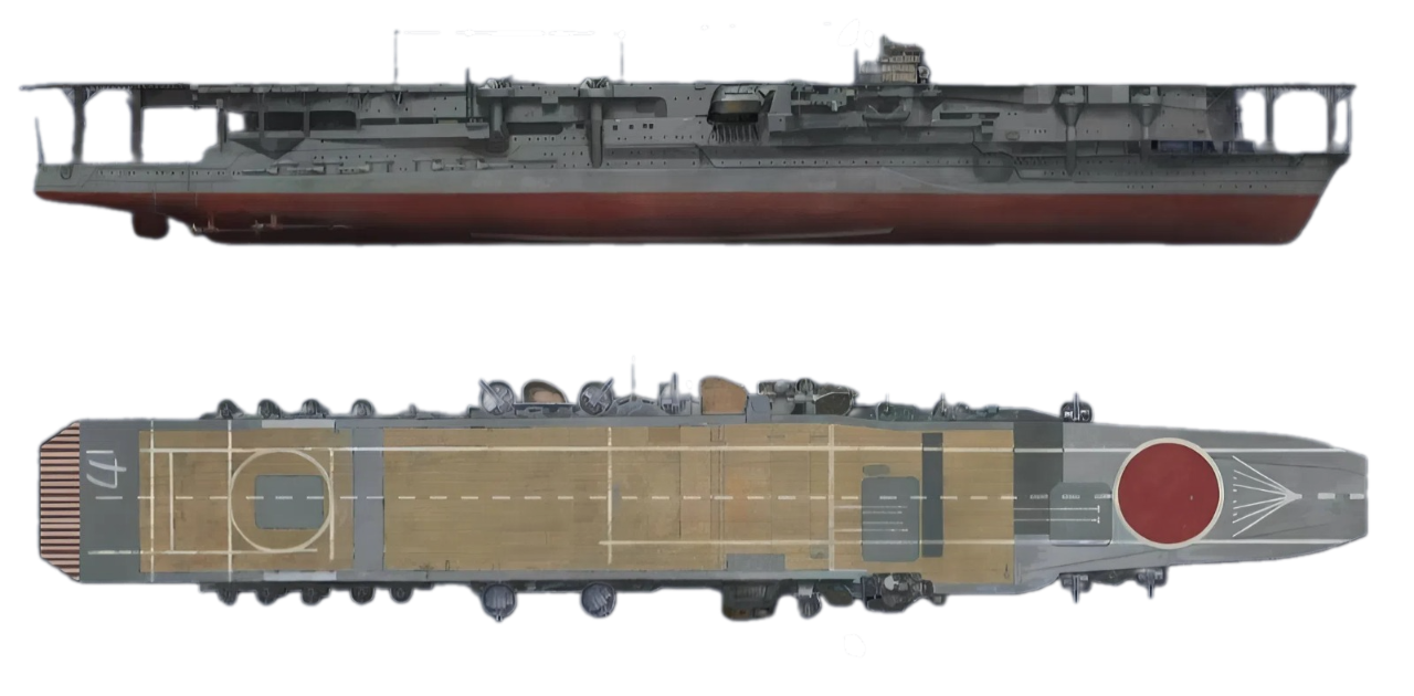 Kaga vào thời điểm trước trận Midway tháng 6 năm 1942. Con tàu giữ nguyên diện mạo từ đầu chiến tranh và được bổ sung một vòng tròn đỏ lớn trên sàn bay khi tham gia chiến dịch. Đảo chỉ huy nhỏ đã được đặt lại ở mạn phải như các thiết kế tàu sân bay thông thường. Ở phần sàn bay gần đuôi tàu có in chữ katakana "カ".