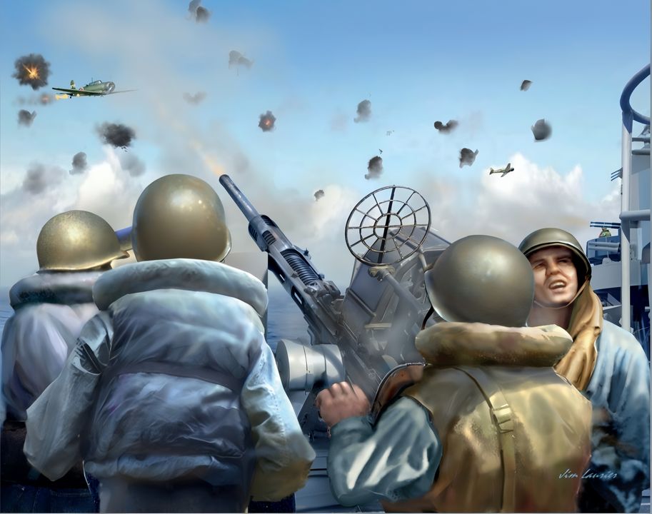 <i>GÓC NHÌN CỦA XẠ THỦ PHÒNG KHÔNG CỦA MỸ:</i> Trong suốt Chiến tranh Thái Bình Dương, vũ khí phòng không hạng nhẹ chủ lực của Hải quân Mỹ là pháo 20mm Oerlikon, với tổng cộng 88.000 khẩu được sản xuất trong cả phiên bản lắp đơn và lắp đôi. Loại vũ khí này được phê duyệt sản xuất cho Hải quân Mỹ vào tháng 11 năm 1940 theo đề nghị của Hải quân Hoàng gia Anh, vốn đã áp dụng nó từ năm 1937. Phải mất vài tháng để đưa vào sản xuất, và đến khi Mỹ buộc phải bước vào chiến tranh tháng 12 năm 1941 thì loại pháo này vẫn đang trong tình trạng khan hiếm. Việc lựa chọn Oerlikon 20mm tỏ ra rất sáng suốt. Nó có nhiều ưu điểm: tốc độ bắn cao, bệ súng ổn định giúp tăng độ chính xác, và không cần nguồn điện ngoài nên có thể lắp đặt dễ dàng trên cả tàu lớn lẫn tàu nhỏ ở bất kỳ vị trí nào có góc bắn thoáng. Bức ảnh này cho thấy một khẩu Oerlikon đang khai hỏa vào một đợt tập kích của Không quân Hải quân Nhật (IJNAF). Khẩu pháo cần một kíp bốn người vận hành, như minh họa ở đây. Hộp tiếp đạn tháo rời được nạp từ phía trên, chứa 60 viên và có thể bắn hết chỉ trong 7,5 giây. Pháo được gắn trên bệ xoay tự do; bên phải có một bánh quay tay để nâng hoặc hạ nòng súng. Pháo thủ điều khiển và ngắm bắn bằng tay cầm và tựa vai. Tập luyện là yếu tố quyết định, vì pháo thủ phải biết “đón lõng” mục tiêu theo cả độ cao lẫn phương ngang thì mới bắn trúng. Ngoài thước ngắm mở, pháo thủ còn dựa vào vạch lửa (một viên đạn vạch đường được nạp mỗi 5 viên) để hiệu chỉnh đường bắn. Từ giữa năm 1942, kính ngắm Mk 14 được trang bị, giúp nâng cao đáng kể độ chính xác. Pháo 20mm Oerlikon trở thành vũ khí then chốt trong hệ thống phòng không trên tàu chiến Mỹ. Đến đầu năm 1942, ba công ty đã sản xuất 3.250 khẩu mỗi tháng để đáp ứng nhu cầu. Tính đến cuối tháng 9 năm 1944, Oerlikon 20mm được ước tính đã bắn rơi 32% tổng số máy bay Nhật. Tuy nhiên, đến giai đoạn cuối chiến tranh, sự xuất hiện của kamikaze đã bộc lộ nhược điểm lớn nhất của loại pháo này – hỏa lực chưa đủ mạnh. Từ đó, 40mm Bofors trở thành vũ khí phòng không ưa chuộng của Hải quân Mỹ. (Tranh của Jim Laurier)