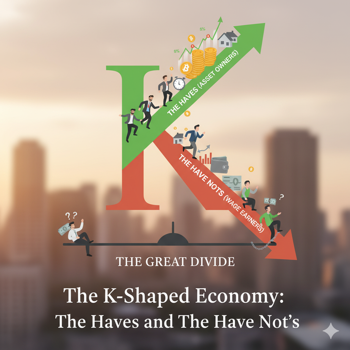 <i>Chữ K của năm 2025: Một nhánh vươn lên nhờ tài sản, một nhánh cắm đầu vì lạm phát. (Nguồn: </i>7evencents.substack.com<i>)</i>