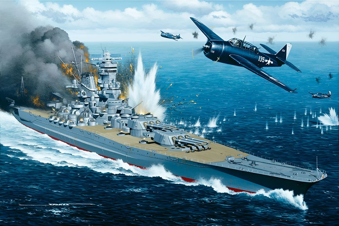 Hình minh họa này tái hiện lại cuộc tấn công và mô tả các máy bay Avenger từ tàu USS Yorktown đang bắn phá con tàu. Lúc 13 giờ 33 phút, làn sóng tấn công thứ ba xuất hiện, gồm 110 máy bay từ Yorktown, Intrepid và Langley, thuộc đòn đánh bị chậm của TG-58.4. Lần này, người Mỹ tập trung áp đảo vào Yamato đang choáng váng. Hai mươi chiếc Avenger tấn công mạn trái Yamato. Khoảng 13 giờ 37 phút, đợt tấn công thứ ba ghi nhận ba cú đánh ngư lôi chắc chắn, cùng một cú đánh có khả năng cao, làm độ nghiêng mạn trái tăng lên 15–16 độ. Lúc 13 giờ 42 phút, các Avenger thuộc TG-58.4 thả thêm bốn quả ngư lôi.Yamato bắn rơi một chiếc Avenger, nhưng hai quả ngư lôi vẫn lao vào mạn trái, nâng tổng số lên năm cú đánh ngư lôi chỉ trong năm phút. Người Mỹ đã cố ý nhắm vào khu vực đuôi tàu nhằm phá hủy khả năng điều khiển, và canh bạc này đã thành công. Bánh lái của Yamato bị vô hiệu hóa, khiến con tàu kẹt trong một vòng quay vĩnh viễn sang mạn phải. Mọi hy vọng tiếp cận Okinawa đều chấm dứt. (Tranh của Stan Stokes)