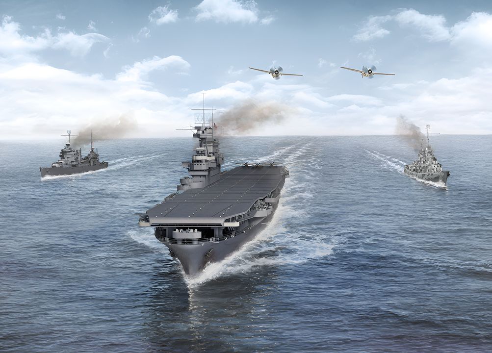 Ba tàu sân bay lớp Yorktown (Yorktown, Enterprise - trong bức tranh, và Hornet) chính là trung tâm của lực lượng Mỹ trong trận Midway. Được thiết kế dựa trên kinh nghiệm thực tiễn của hạm đội, lớp Yorktown là một trong những thiết kế tàu sân bay xuất sắc nhất của Mỹ từ trước đến nay, thành công đến mức đã trở thành nền tảng cho lớp Essex sau này thậm chí còn ưu việt hơn. Trọng tâm thiết kế của lớp là vận hành phi đoàn lớn một cách nhanh chóng và hiệu quả. Nhờ nguyên tắc đỗ máy bay trên sàn bay – tức bảo dưỡng máy bay ngay trên sàn bay thay vì trong boong chứa máy bay như tàu sân bay Nhật – nên các tàu này mang được nhiều máy bay hơn đối thủ Nhật cùng kích cỡ. Lớp Yorktown được thiết kế để vận hành 90 máy bay, nhưng trong giai đoạn này của chiến tranh thực tế mang khoảng 80 chiếc. Với lượng giãn nước tiêu chuẩn gần 20.000 tấn, lớp tàu đủ lớn để bố trí hệ thống bảo vệ đáng kể chống ngư lôi. Nhìn chung, hệ thống bảo vệ này hoạt động rất tốt – bằng chứng là tại Midway sắp tới, Yorktown chịu đựng mức hư hại vượt xa dự kiến của các nhà thiết kế trước khi cuối cùng bị đánh chìm. Vũ khí phòng không của lớp Yorktown rất mạnh và tiên tiến: Là những tàu Mỹ đầu tiên được trang bị pháo đa năng 127 mm/38 – loại pháo phòng không tầm xa tốt nhất chiến tranh. 4 bệ pháo 1.1 inch (28 mm) bốn nòng bố trí trước và sau đảo thượng tầng. Ban đầu có 24 súng máy 12,7 mm (.50-cal) cho phòng thủ tầm gần, nhưng trước Midway đã được thay bằng pháo tự động 20 mm Oerlikon (Hornet và Yorktown mỗi tàu nhận 24 khẩu 20 mm, Enterprise nhận 32 khẩu). Quan trọng nhất, cả ba tàu đều có radar: Yorktown nhận một trong sáu bộ CXAM đầu tiên vào tháng 10-1940, Enterprise được lắp CXAM-1 cải tiến, Hornet được lắp radar SC kém hiệu quả hơn. (Tranh của Stefan Draminski)