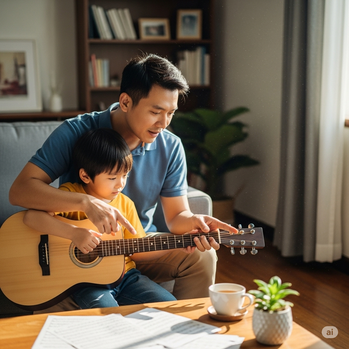 Ba dạy con trai đánh Guitar...