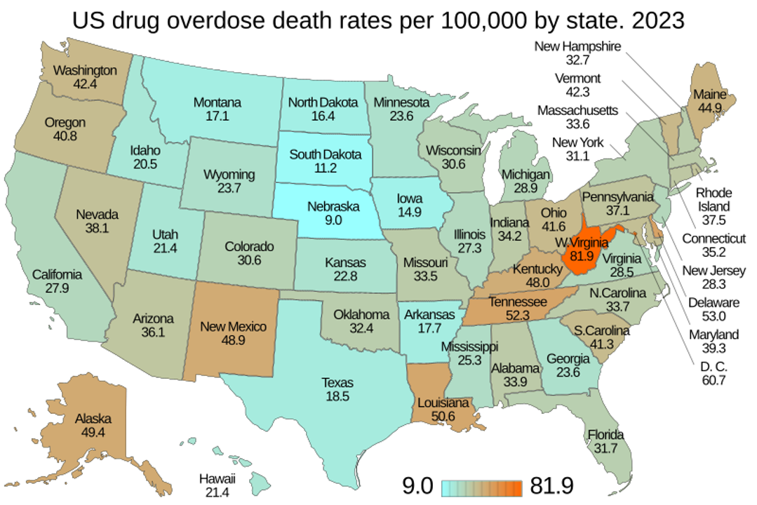 Số người tử vong vì quá liều/100.000 người, Mỹ, năm 2023. Ảnh: <a href="https://en.wikipedia.org/wiki/United_States_drug_overdose_death_rates_and_totals_over_time#/media/File:Drug_overdose_death_rates_per_100,000_by_state._US_map.svg">Timeshifter/Wikipedia</a>