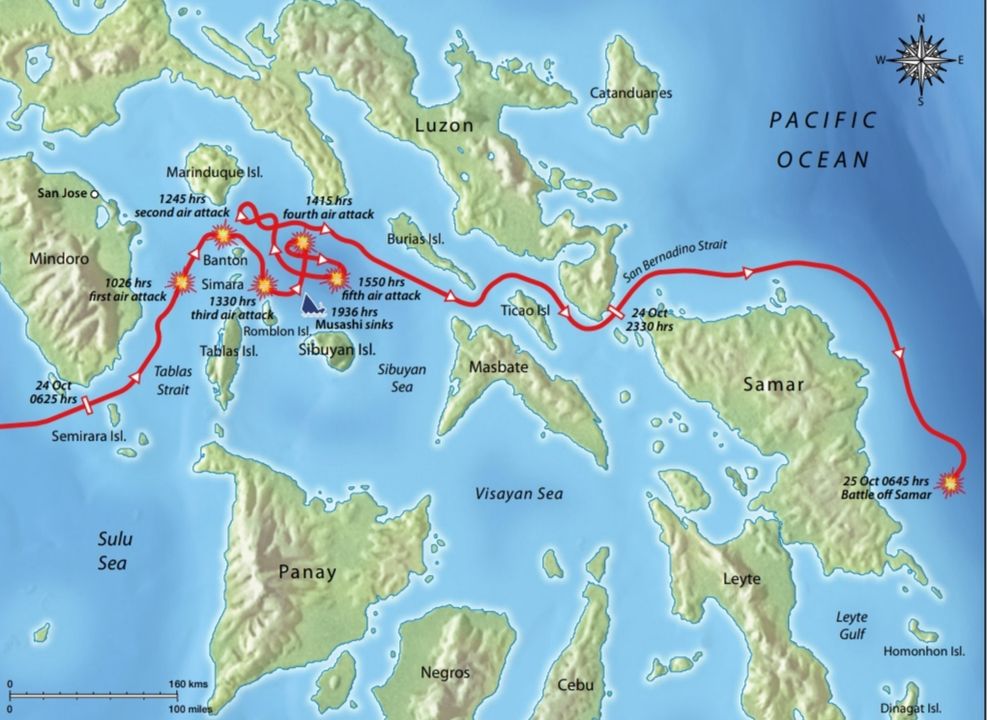 Cuộc hành trình của Lực lượng Tấn công thứ nhất ngày 24-25 tháng 10 năm 1944. Trung tâm kế hoạch của Hải quân Đế quốc Nhật Bản nhằm đẩy lùi cuộc xâm lược Leyte của Mỹ là Lực lượng Tấn công thứ nhất hùng mạnh, bao gồm cả Yamato và Musashi. Để đến được Vịnh Leyte, lực lượng này sẽ phải vượt qua Biển Sibuyan và sau đó thoát ra qua eo biển San Bernardino, tất cả có thể đều bị tấn công bởi Mỹ. Trên thực tế, việc vượt qua Biển Sibuyan đã mang đến tổng cộng năm đợt tấn công của máy bay tàu sân bay Hải quân Mỹ. Họ tập trung vào Musashi, bị tê liệt bởi một cuộc tấn công bằng ngư lôi và bom bổ nhào dữ dội và chìm vào buổi tối hôm đó. Tàn tích của nó đã được phát hiện vào tháng 3 năm 2015 ở độ sâu 1.120ft bởi một nhóm thám hiểm tư nhân được tài trợ bởi tỷ phú người Mỹ và đồng sáng lập Microsoft, Paul Allen.Tuy nhiên, phần còn lại của Lực lượng Tấn công thứ nhất chỉ bị hư hại nhẹ, và ngay trước nửa đêm đã vượt qua eo biển San Bernardino mà không bị quấy rầy. Ngày hôm sau, Yamato sẽ sử dụng những khẩu pháo 18.1in của mình chống lại các tàu chiến Mỹ lần duy nhất trong chiến tranh trong trận chiến ngoài khơi Samar.