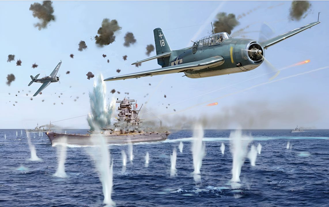 Theo sau các máy bay ném bom bổ nhào là cuộc tấn công của các máy bay Avenger. Trong 8 chiếc Avenger từ tàu Intrepid, 6 chiếc được phân công tấn công Musashi. Theo kế hoạch, chúng được chia thành 2 tốp ba máy bay để thực hiện tấn công kiểu "cái đe". Hình ảnh này cho thấy hai trong ba máy bay tấn công Musashi từ mạn phải. Bay qua một tàu khu trục hộ tống, một trong ba máy bay bị bắn hạ bởi hỏa lực 5inch trước khi kịp thả ngư lôi. Hai chiếc còn lại thả ngư lôi xuống mặt nước, và chiếc do máy bay dẫn đầu phóng trúng Musashi ngay phía sau cấu trúc thượng tầng khổng lồ của tàu. Cả hai máy bay sau đó tăng tốc tối đa và hạ độ cao xuống 200 ft để rời khỏi đội hình Nhật càng nhanh càng tốt. Quả ngư lôi trúng lúc này gây hư hại ít nhưng là quả đầu tiên trong tổng số khoảng 15 quả trúng Musashi. Không một con tàu nào có thể chịu nổi sức tấn công khủng khiếp như vậy. (Tranh của Jim Laurier)