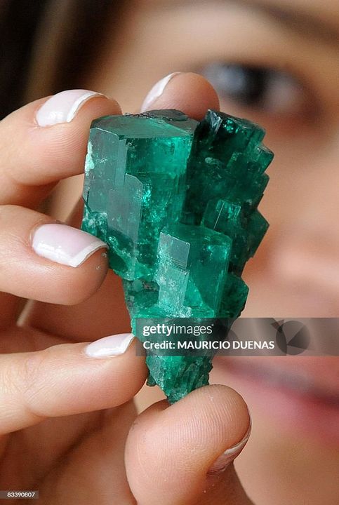 Một phụ nữ cầm một viên ngọc lục bảo thô Colombia được trưng bày tại Bảo tàng Ngọc lục bảo Quốc tế ở Bogota vào ngày 22 tháng 10 năm 2008. Bảo tàng, sẽ được khánh thành vào ngày 23 tháng 10, trưng bày khoảng 3.000 viên ngọc lục bảo được thu thập trong 30 năm qua tại các mỏ ngọc lục bảo khác nhau. ẢNH AFP/Mauricio DUENAS (Nguồn ảnh: MAURICIO DUENAS/AFP qua Getty Images)