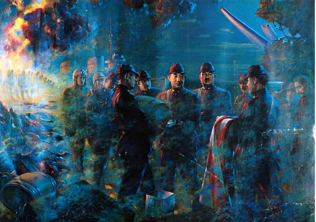 Một bức tranh tuyên truyền chiến tranh của Nhật Bản năm 1942 có tựa đề "Những khoảnh khắc cuối cùng của Đô đốc Yamaguchi". Trong tranh, đô đốc được mô tả đang chào từ biệt các sĩ quan tham mưu. Trên thực tế, Yamaguchi quả thực có xu hướng kịch tính hoá: ông triệu tập toàn bộ thủy thủ đoàn của Hiryu tập trung quanh đảo chỉ huy trong khi lửa vẫn cháy trên tàu sân bay, để ông và thuyền trưởng Kaku có thể đưa ra một bài diễn từ hùng hồn. Chỉ đến 03 giờ 15 phút vào ngày 5 tháng 6, Yamaguchi mới cho phép thủy thủ đoàn rời tàu. Cả Yamaguchi và Kaku đều ở lại trên Hiryu và mất cùng con tàu. (US Naval Historical Center)