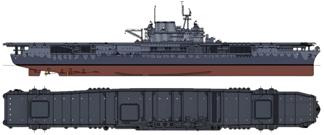 Hornet (CV-8) vào tháng 10 năm 1942, được sơn theo phiên bản cải tiến của mẫu ngụy trang Measure 12, được gọi là Ms 12 Mod. Tại Nam Thái Bình Dương, mối đe dọa đến cả từ tàu mặt nước lẫn từ trên không, vì vậy việc sử dụng các “mảng” màu (splotches) phá vỡ đường phân chia ngang của mẫu ngụy trang chuẩn Ms 12 được cho là làm tăng hiệu quả của sơ đồ ngụy trang trước quan sát trên không, mà không làm giảm quá nhiều hiệu quả trước quan sát từ mặt biển.