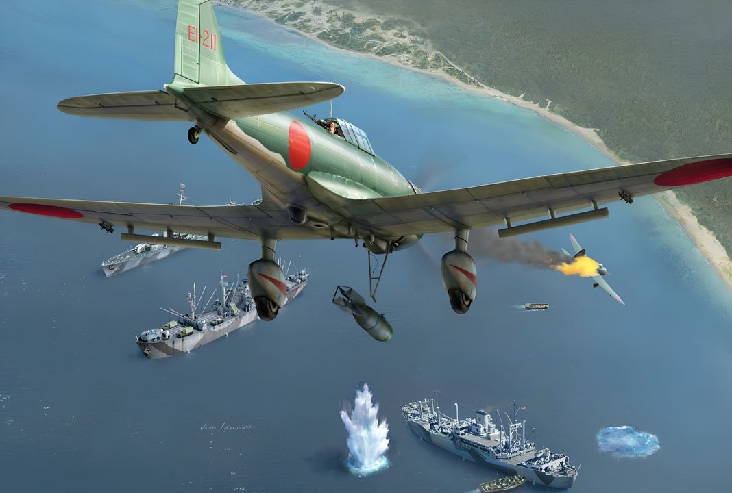 Ngay sau buổi trưa ngày 8 tháng 11 năm 1943, 26 chiếc D3A2 Val từ tàu sân bay Zuikaku và Shokaku đã ném bom bổ nhào vào các tàu ngoài khơi bãi đổ bộ tại Torokina. Mười chiếc Val của Zuikaku do phi công FPO1c Yoshitaka Ogashiwa chỉ huy; ông là một trong mười phi công ném bom bổ nhào bị bắn rơi trong cuộc tấn công này — bốn chiếc từ Zuikaku và sáu chiếc từ Shokaku. Tàu vận tải tấn công USS President Adams (APA-19) vừa hoàn tất việc dỡ quân của Sư đoàn 37 Hoa Kỳ và Quân đoàn Thủy quân Lục chiến Đổ bộ số 1 ngoài khơi Torokina thì bị các máy bay Val từ Zuikaku tấn công ngay sau buổi trưa, khi tàu bắt đầu rời đi. Các khẩu pháo phòng không 20mm của tàu không đủ tầm để bắn trúng hiệu quả vào các Val cho đến khi chúng bước vào giai đoạn cuối của đợt tấn công. Các Val đã đánh trúng hai tàu vận tải, gây nổ gần một tàu khác và một tàu khu trục gần đó, trong khi USS President Adams vẫn không bị hư hại. Hình minh họa cho thấy một chiếc Val từ phía sau, vừa thả bom của mình; USS President Adams ở ngay bên dưới, gần bờ biển. (Tranh của Jim Laurier)