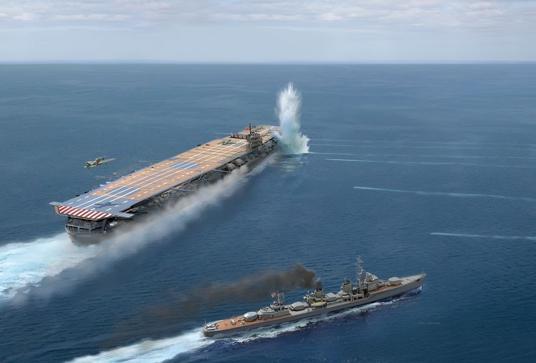 Tàu ngầm Cavalla, dưới quyền chỉ huy của Thiếu tá Hải quân H. J. Kossler, đã cố gắng bám theo Hạm đội Cơ động Thứ Nhất kể từ khi mất dấu vào ngày 17 tháng 6. Sự kiên trì của Kossler cuối cùng đã được đền đáp khi lúc 11 giờ 52 phút ngày 19 tháng 6, ông nâng kính tiềm vọng lên và phát hiện mình đang ở ngay giữa Lực lượng A. Ông nhận ra Shōkaku đang thu hồi máy bay. Kossler bắt đầu tiếp cận, nâng kính tiềm vọng lên thêm ba lần nữa. Tàu khu trục Nhật Urakaze đang hành trình ở mạn phải của tàu sân bay, nhưng không hề phát hiện sự hiện diện của tàu ngầm Mỹ. Khi đã tiến vào cự ly 1.000 yard, Kossler khai hỏa sáu ngư lôi rồi lập tức lặn sâu. Bốn quả ngư lôi trúng đích ở mạn phải – hai quả ở phần mũi và hai quả ở giữa thân tàu. Urakaze đã phản ứng muộn màng, quay lại tấn công Cavalla, nhưng đã quá trễ. Kossler ghi nhận rằng có 106 quả bom chìm được thả xuống, một nửa trong số đó nổ khá gần, song Cavalla vẫn sống sót để kể lại chiến công đánh chìm chiếc tàu lớn nhất từng bị tàu ngầm Mỹ đánh đắm trong chiến tranh cho đến thời điểm đó. Ba quả ngư lôi đã vượt quá khả năng chịu đựng của Shōkaku. Những đám cháy lớn bùng lên trong hầm chứa máy bay và con tàu nghiêng về mạn phải. Việc bơm nước cân bằng sang mạn trái khiến con tàu nghiêng ngược lại. Khi ngọn lửa ở boong chứa máy bay ngày càng dữ dội, tàu sân bay bất lực dừng lại, phần mũi bắt đầu chìm xuống do ngập nước. Các vụ nổ lớn do nhiên liệu cháy lan khiến tình hình không thể cứu vãn. Ngay trước 15 giờ, thuyền trưởng ra lệnh cho thủy thủ đoàn “Bỏ tàu!”. Nhưng trước khi phần lớn thủy thủ có thể rời đi, mũi của Shōkaku đã chìm hẳn, kéo cả con tàu lặn xuống biển theo tư thế chúi mũi. Diễn biến đột ngột này gây thương vong nặng nề với 1.272 người thiệt mạng. (Tranh của Jim Laurier)