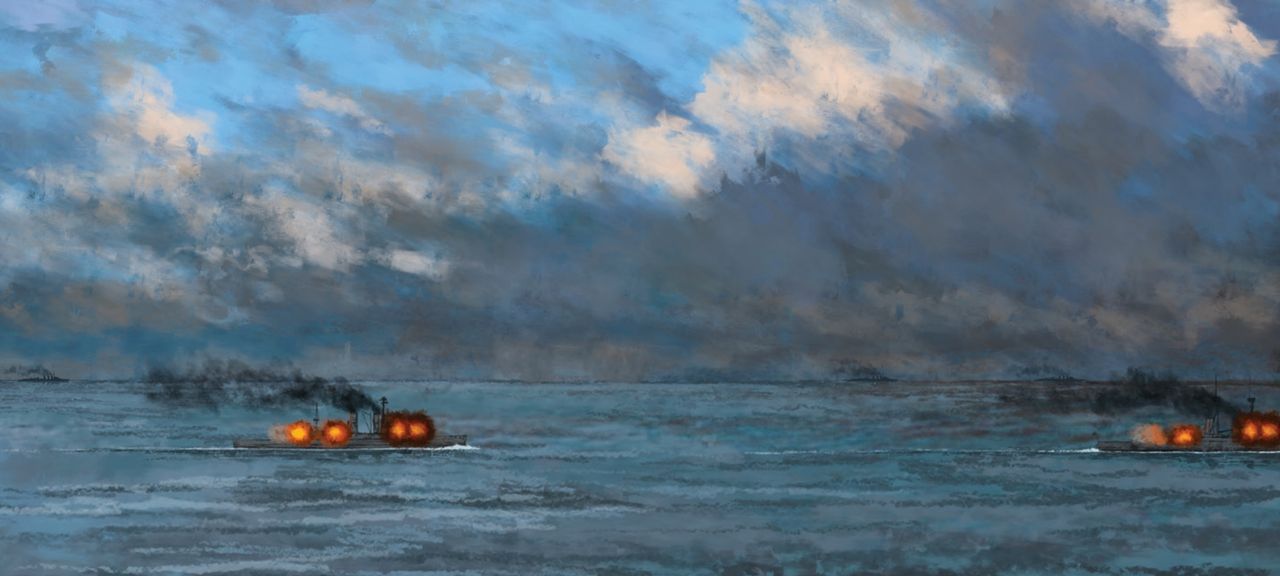 HMS Canada—chiếc thiết giáp hạm duy nhất của Anh được trang bị pháo 14 inch là con tàu thứ 12 trong hàng chiến tuyến hạm, thuộc Hải đội 3 của Hải đoàn thiết giáp hạm 4. Cách ba tàu phía trước là Iron Duke, soái hạm của Đại hạm đội. Tiếp theo là Royal Oak và Superb, rồi đến Canada. Iron Duke khai hỏa ngay sau 18 giờ 30 chiều. Canada tham chiến không lâu sau đó, bắn hai loạt pháo mạn vào lúc 18 giờ 40 chiều nhằm vào một tàu tuần dương Đức. Bốn mươi phút sau, như thể hiện trong bức minh họa này, con tàu tiếp tục bắn thêm năm loạt pháo vào đội hình thiết giáp hạm Đức. Không có ghi nhận nào cho thấy Canada bắn trúng mục tiêu với 42 quả đạn pháo 14 inch mà nó đã khai hỏa, và bản thân con tàu cũng không phải hứng chịu phát đạn nào từ Đức. (Johnny Shumate và Julian Baker )