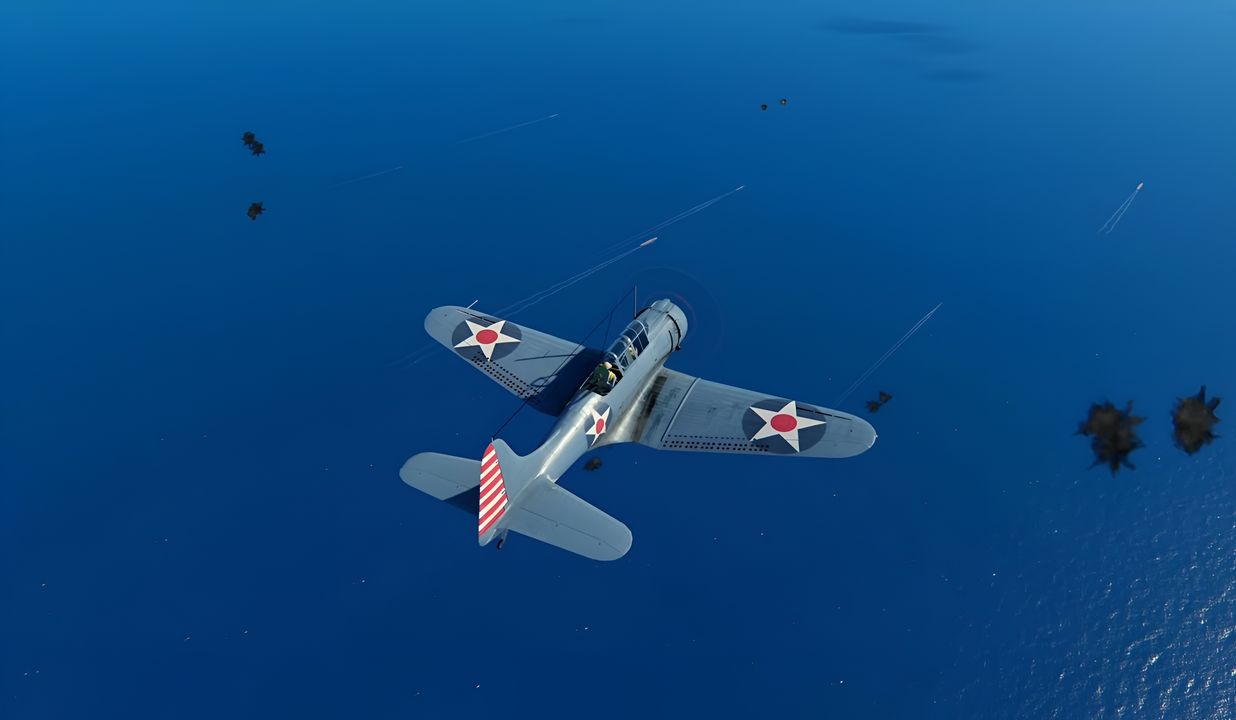 Lúc 08 giờ 40 phút, radar của Shokaku báo cáo một nhóm máy bay Mỹ ở hướng tây nam, cách 78 dặm. Đây là đợt tấn công thứ nhất của Hornet. Vào thời điểm này, có 23 chiếc Zero đang tuần tra không chiến (CAP). Ba chiếc đã được phái xuống phía nam để yểm hộ Lực lượng Tiên phong, còn lại 20 chiếc bảo vệ các tàu sân bay. Người Nhật bố trí chúng ở nhiều độ cao khác nhau để phòng ngừa cả tấn công bổ nhào lẫn tấn công bằng ngư lôi. Không giống như các tiêm kích Mỹ — vốn được dẫn đường ra một khoảng cách xa khỏi tàu sân bay để chặn đánh máy bay tấn công từ càng xa càng tốt — CAP của Nhật được giữ gần tàu sân bay. Điều này có lẽ là bắt buộc vì tầm hoạt động của máy vô tuyến trên Zero quá hạn chế. Các máy bay ném bom bổ nhào từ đợt tấn công đầu tiên của Hornet là những chiếc đầu tiên lao vào tấn công. Lúc 08 giờ 50 phút, chỉ huy đợt tấn công phát hiện các tàu tuần dương hạng nặng Tone và Chikuma thuộc Lực lượng Tiên phong, cách 150 dặm về phía tây bắc so với TF 61. Ông không tấn công, mà tiếp tục bay về hướng tây bắc và lúc 0910 giờ nhìn thấy phần còn lại của Lực lượng Tiên phong. Trên không phận của lực lượng này, máy bay của Hornet bị ba chiếc Zero từ Zuiho tấn công. Chỉ trong một loạt tấn công duy nhất, một chiếc Wildcat hộ tống bị bắn rơi, hai chiếc khác bị hư hại nặng buộc phải quay về. Đổi lại, một chiếc Zero bị bắn rơi. (Ảnh từ Task Force Admiral)