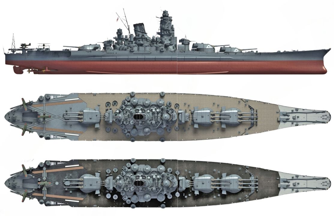 Hình ảnh này cho thấy Yamato vào tháng 10 năm 1944. Hệ thống pháo phòng không của Yamato lúc này bao gồm 131 pháo 25 mm và 24 pháo 5 inch, đa phần được đặt ở giữa tàu như trong hình. Khác với Musashi, các bệ pháo 25 mm của Yamato đều có khiên chắn. Boong tàu gỗ và có lẽ cả mái Tháp pháo chính số 1 được sơn màu đen để chuẩn bị cho việc đột phá ban đêm qua eo biển San Bernardino. Lớp ngụy trang vội vã này chủ yếu dựa trên muội than lấy từ ống khói trộn với dầu hoặc chất khác, được áp dụng cho cả Yamato và Musashi trong ngày 18 – 24 tháng 10 năm 1944.