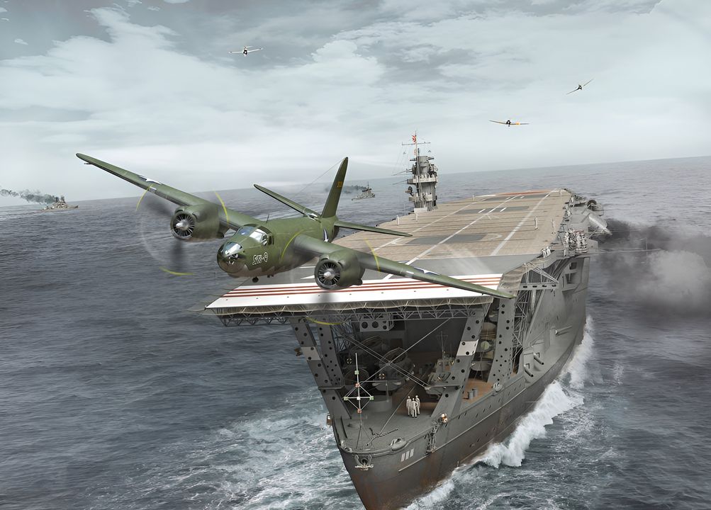 Một trong khoản khắc ít người biết đến trong giai đoạn đầu của trận Midway là chiếc máy bay B-26 Marauder của James Perry Muri bay dọc theo sàn bay của tàu sân bay Akagi sau khi thả ngư lôi không thành công vào soái hạm của Kido Butai. Muri và phi hành đoàn của ông điều khiển chiếc Martin B-26 Marauder của Không quân Lục quân Hoa Kỳ (có số hiệu 40-1391, "Susie-Q") thuộc Phi đoàn trinh sát số 18, Liên đoàn Ném bom số 22. Vào sáng ngày 4 tháng 6 năm 1942, trong Trận Midway , một lực lượng tàu sân bay Nhật Bản đã được phát hiện đang tiến đến hòn đảo. Đơn vị của Muri không được huấn luyện cụ thể hay bất kỳ một cuộc họp giao ban trước chuyến bay nào; họ chỉ được biết vị trí của tàu sân bay Akagi . Trên đường đến mục tiêu, đội hình của Muri đã bị các máy bay tiêm kích Zero của Nhật Bản chặn lại và phi đội đã hạ độ cao xuống 200 feet so với mực nước biển để tránh hỏa lực của máy bay chiến đấu và pháo phòng không của tàu sân bay. Muri, sau khi thả ngư lôi và tìm kiếm một tuyến đường thoát hiểm an toàn hơn, đã bay thẳng xuống dọc theo chiều dài của Akagi trong khi bị các máy bay tiêm kích và hỏa lực phòng không tấn công như minh hoạ ở trên. Việc máy bay B-26 bay thẳng về Akagi đã khiến những máy bay Zero phải ngừng bắn để tránh bắn trúng soái hạm của chính mình. Ngư lôi của Muri và đơn vị của ông đã không đánh trúng bất kỳ tàu Nhật Bản nào, mặc dù ông vẫn bắn hạ một chiếc Zero và giết chết hai thủy thủ trên tàu Akagi bằng hỏa lực súng máy. Sau cuộc tấn công, ông và một phi công B-26 khác đã có thể hạ cánh máy bay an toàn xuống Midway. Một cuộc kiểm tra cho thấy có hơn 500 lỗ đạn trên máy bay của Muri, lốp bên trái đã bị bắn văng, và tất cả các cánh quạt và mọi hệ thống chính đều bị hư hại. Muri được phép khắc tên trên thân máy bay để giữ làm kỷ niệm. (Tranh của Stefan Draminski)