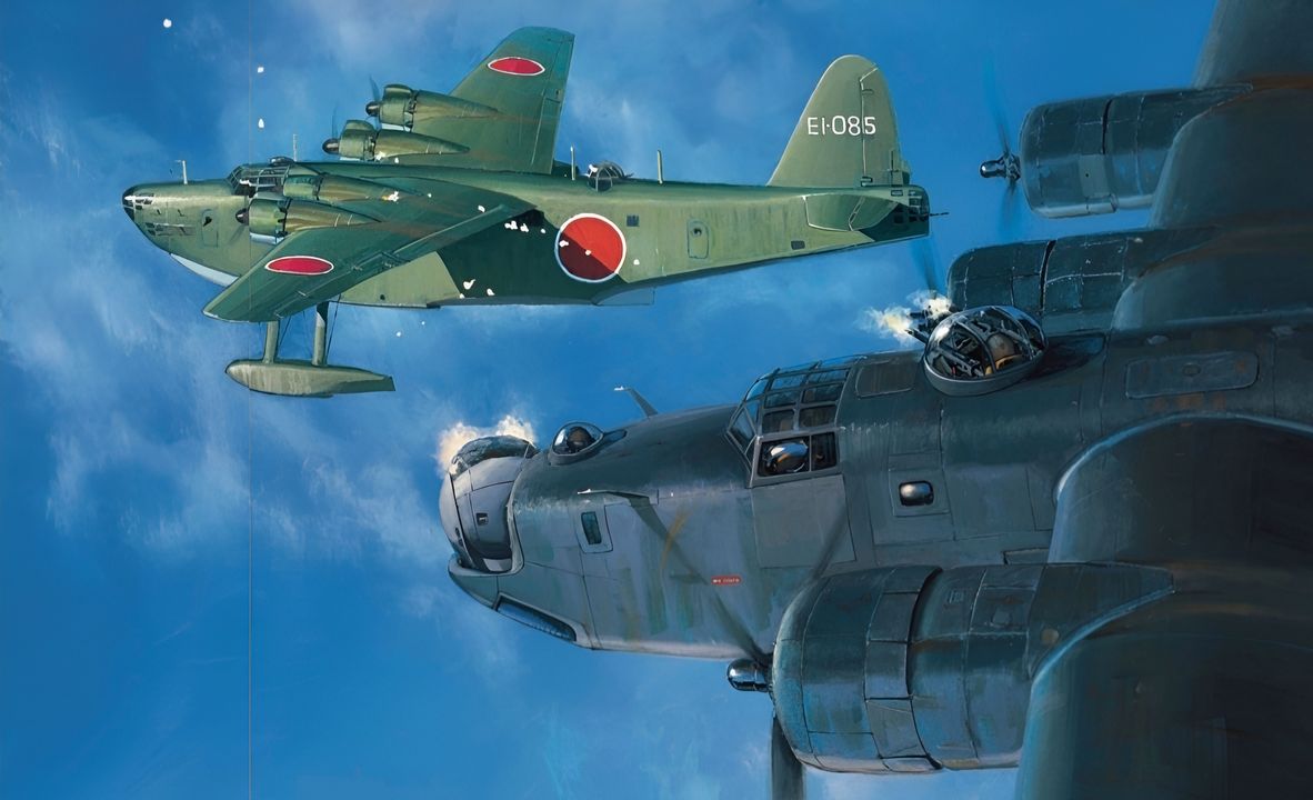 Vào ngày 2 tháng 7 năm 1944, Phi hành đoàn 12 thuộc VPB-115 đang điều khiển một chiếc PB4Y-1, phiên bản máy bay tuần tra tầm xa của hải quân dựa trên mẫu B-24 Liberator của lục quân. Họ hoạt động như một phần thuộc Hạm đội 7 từ sân bay tại Wakde, đã đuổi kịp và bắn hạ một thuyền bay bốn động cơ của Không lực Hải quân Đế quốc Nhật Bản, một chiếc H8K1 Emily, giữa Mũi Davao và Đảo Palau. Các bức ảnh do phi công phụ chụp sau đó đã xác nhận chiến thắng và cung cấp thông tin giá trị cho cộng đồng tình báo để sử dụng trong việc thẩm vấn tù binh địch và kiểm chứng thông tin. (Tranh của Jack Fellows)