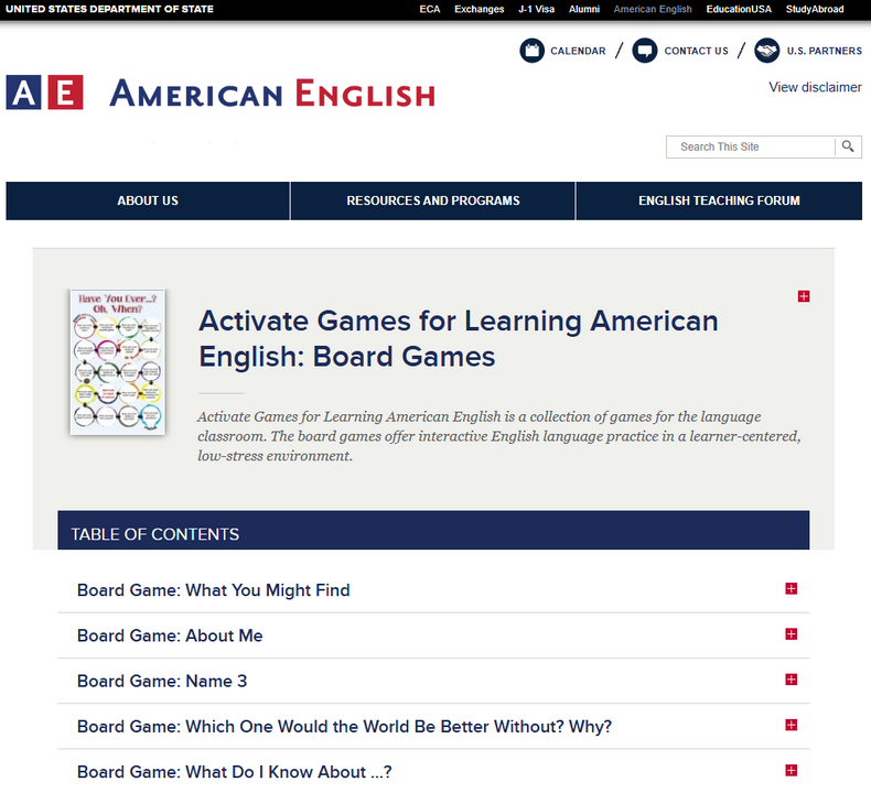 <i>Mục cho giáo viên lấy tài liệu về một số trò chơi để dùng trong lớp học tiếng Anh trên trang web của chính phủ Hoa Kỳ</i>