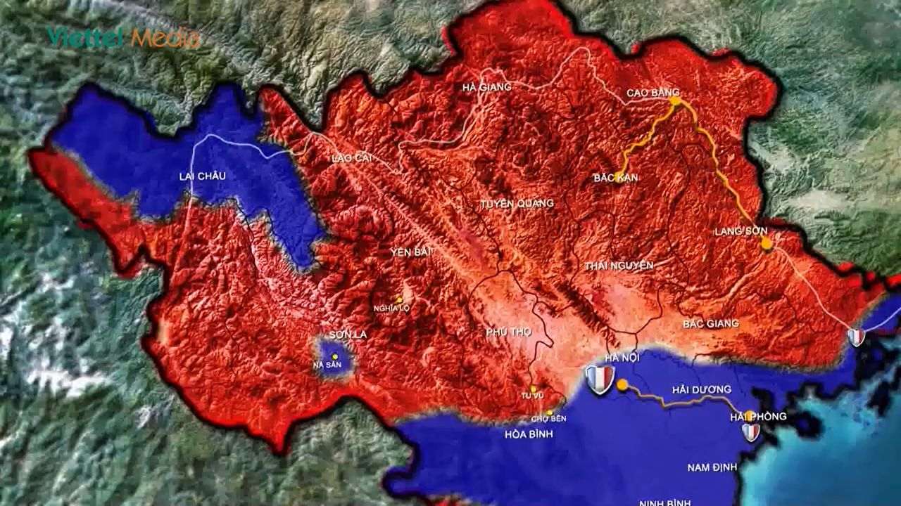 Cục diện chiến trường Bắc Bộ đến đầu năm 1953 (Vùng đỏ là vùng kiểm soát của ta; vùng xanh là vùng chiếm đóng của Pháp)