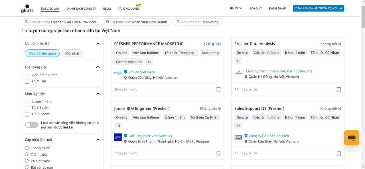 Giao diện tại website tìm kiếm việc làm Glints