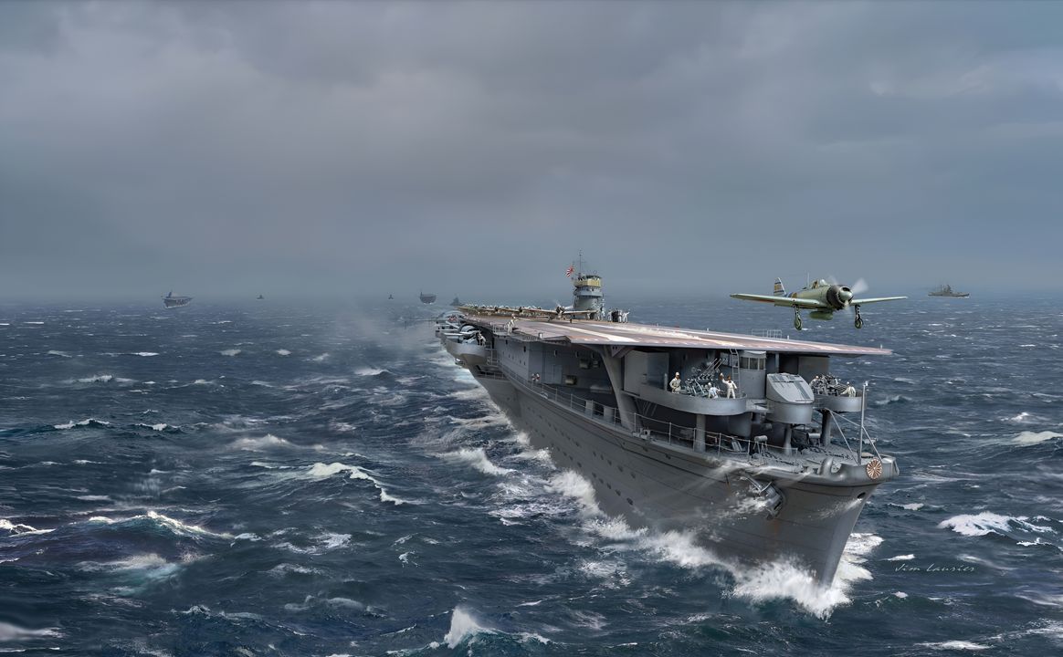 Cảnh này mô tả một phần của Kido Butai đang bắt đầu phóng máy bay vào ngày 7 tháng 12 năm 1941, ngay trước 06 giờ 15 phút. Buổi sáng hôm đó có gió vừa phải, giúp thuận lợi cho việc phóng đợt tấn công đầu tiên, và sóng lớn khiến các tàu sân bay lắc mạnh – từ 7 đến 16 độ, tùy theo loại tàu. Sáu tàu sân bay được bố trí theo đội hình hộp. Ở tiền cảnh là Hiryū; trên sàn bay là đợt xuất kích đầu tiên gồm 24 máy bay. Chú ý rằng cấu trúc đảo nằm ở mạn trái – chỉ có Hiryū và Akagi là được trang bị đảo bên trái. Ở phía trước sàn bay là sáu máy bay tiêm kích Type 0, phía sau chúng là 18 máy bay cường kích Type 97 trên tàu sân bay. Trong số này, 10 chiếc được trang bị bom đặc biệt nặng 1.760 pound, có khả năng xuyên thủng giáp của thiết giáp hạm. Một trong các máy bay của Hiryū đã thả quả bom làm nổ tung thiết giáp hạm Arizona, gây tổn thất nhân mạng khổng lồ. Tám chiếc Type 97 còn lại mang ngư lôi Type 91, được nhắm vào các tàu sân bay Mỹ thường neo ở phía tây đảo Ford. Ở phía xa là tàu sân bay Kaga. Do kích thước lớn hơn nhiều so với Hiryū, Kaga chở theo một không đoàn lớn hơn và đóng góp nhiều máy bay hơn cho đợt tấn công đầu tiên. Trên sàn bay, 9 máy bay tiêm kích Type 0 được bố trí ở phía trước, và phía sau chúng là 27 chiếc Type 97. Trong số này, 15 chiếc mang bom xuyên giáp cỡ lớn, song một chiếc phải hủy nhiệm vụ và không tham gia tấn công. 12 chiếc còn lại mang ngư lôi. Tất cả các máy bay tấn công từ Kaga đều nhắm vào khu vực dãy thiết giáp hạm. (Tranh của Jim Laurier)