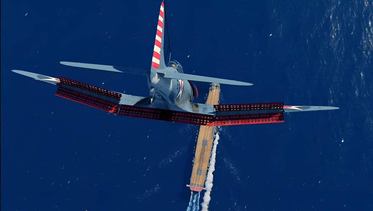 Chỉ huy tốp máy bay ném bom bổ nhào của Hornet, Thiếu tá Hải quân William Widhelm, chỉ huy phi đoàn VS-8, đã tung đòn mạnh nhất của Mỹ trong trận chiến. Để phản ứng với cuộc tấn công của Zero trên Lực lượng Tiên phong, ông cho đội hình rẽ phải chui vào các cụm mây. Chỉ vài phút sau, ông phát hiện các tàu cách đó 25 dặm, mà sau này ông xác nhận là một tàu sân bay lớn và một tàu nhỏ hơn đang nhả khói đen. Đó là Shokaku và Zuiho — vốn đã bị hư hại trước đó. Zuikaku đang ẩn dưới mây nên không bị phát hiện. Widhelm cố gắng dẫn đường cho đợt tấn công thứ hai của Hornet đánh vào mục tiêu này nhưng không thành công. Sau khi vượt qua tường lửa của các máy bay Zero — vốn đã bắn rơi chính máy bay Dauntless của Widhelm và ba chiếc khác — đến 09 giờ 27 phút, 10 chiếc Dauntless còn lại đã đến vị trí bắt đầu bổ nhào. (Ảnh từ Task Force Admiral)