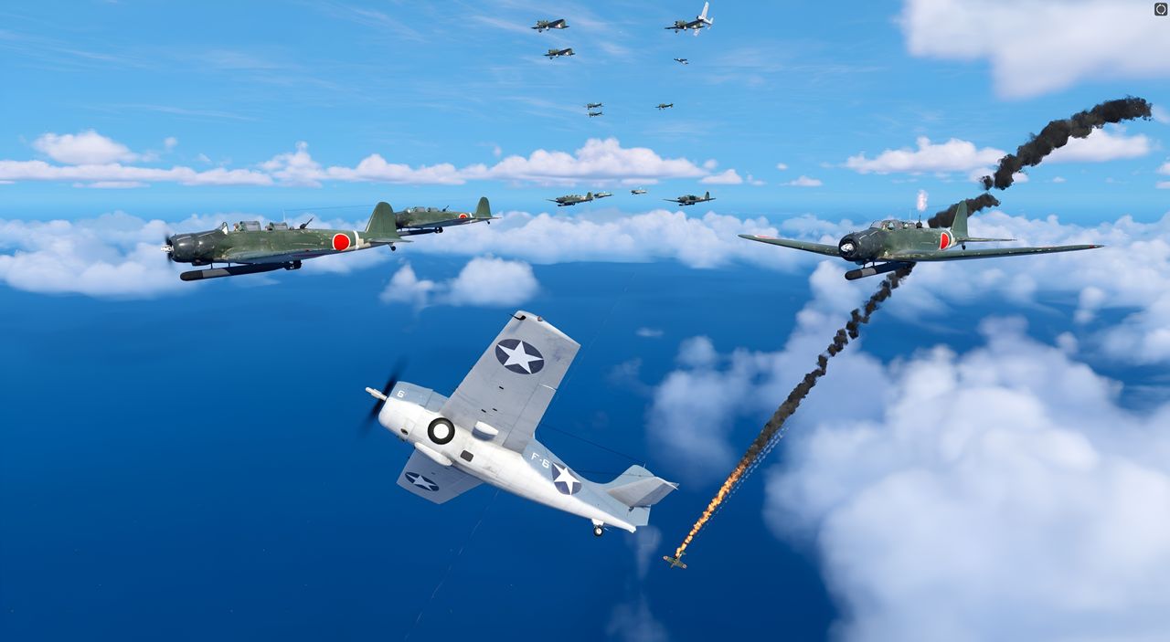 Tám chiếc của Imajuku tấn công trước. Do không có tiêm kích hộ tống, Imajuku đưa phi đội xuống bay là là mặt biển cách TF 16 một đoạn. Chỉ một chiếc duy nhất bị máy bay tiêm kích Mỹ tấn công trước khi tới được TF 16; đó chính là chiếc của Imajuku bị bắn rơi khoảng 10 giờ 46 phút. Nhóm tám chiếc thứ hai bị đối xử thậm tệ khi lao xuống xuyên mây. Hai chiếc Wildcat tóm được các máy bay Nhật khi chúng đang hạ độ cao và bắn rơi một chiếc, bắn hỏng nặng một chiếc khác, khiến một chiếc phải bỏ cuộc và làm hư hại nhiều chiếc khác. Các Zero hộ tống không thể can thiệp. Đợt tấn công bằng ngư lôi nhằm vào Enterprise là điểm quyết định của trận chiến. Nếu chỉ một quả trúng Enterprise, hậu quả có thể đã thảm họa. Trong ba trận tàu sân bay trước đó, mỗi lần ngư lôi Nhật đánh trúng một tàu sân bay Mỹ đều dẫn đến chuỗi sự cố làm con tàu mất đi. Số phận Hornet tại Santa Cruz cũng tương tự. Trong số 16 máy bay tấn công tham gia đợt tấn công, có 9 chiếc phóng ngư lôi được vào Enterprise và tất cả đều trượt mục tiêu. Lần này, lực lượng CAP đã làm rất tốt khi đánh tan một trong hai nhóm máy bay tấn công và phá vỡ sự phối hợp giữa hai mũi tấn công. Một phi công Wildcat thậm chí được ghi nhận bắn rơi năm máy bay cường kích. Enterprise cuối cùng đã thoát hiểm trong gang tấc. (Ảnh từ Task Force Admiral)