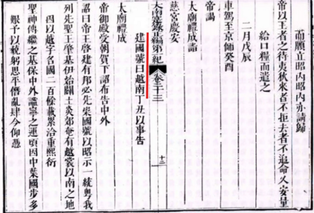 Đặt quốc hiệu Việt Nam năm Gia Long thứ 3 (1804). Nguồn: Đại Nam thực lục, Đệ nhất kỷ, quyển XXIII