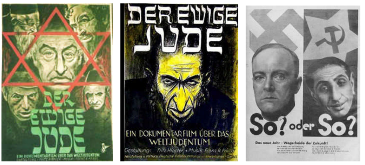 <i>Áp phích quảng bá cho phim tuyên truyền bài Do Thái khét tiếng nhất thời Đức Quốc xã với thông điệp người Do Thái là một thế lực ngầm đe dọa toàn cầu luôn âm mưu phá hoại xã hội. </i>