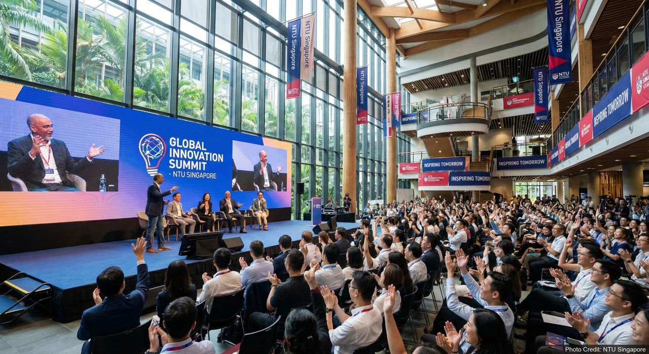 (Hình ảnh minh họa: Quang cảnh hội nghị sôi động với các diễn giả thảo luận nguồn: NTU Singapore, một bức ảnh "năng lượng cao" đầy cảm hứng!)