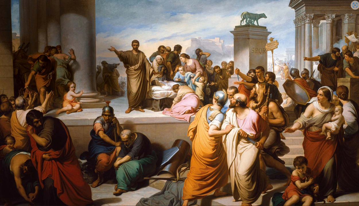 Bức tranh thế kỷ 19 này của họa sĩ người Ý Francesco Coghetti mô tả các sự kiện xảy ra sau vụ tự sát của Lucretia trong biệt thự của cô ở Collatia, như được mô tả trong cuốn Lịch sử thành Rome của Livy, cuốn I, chương 58: “Họ mang thi thể của Lucretia ra khỏi nhà và mang đi chôn cất. khu chợ, nơi những người đàn ông chen chúc xung quanh họ, bị thu hút, như họ nhất định phải như vậy, bởi tính chất đáng kinh ngạc của sự việc kỳ ​​lạ và sự ghê tởm của nó ... Họ xúc động, không chỉ bởi nỗi buồn của người cha, mà còn bởi thực tế rằng đó là Brutus, người đã quở trách những giọt nước mắt và những lời than thở vu vơ của họ và thúc giục họ cầm gươm, như những người đàn ông và người La Mã danh dự chống lại những kẻ dám coi họ là kẻ thù. Những thanh niên dũng cảm nhất đã cầm lấy vũ khí của họ và hiến thân phục vụ, và những người khác noi gương họ ... và với sự chỉ huy của Brutus, họ hành quân đến Rome.

