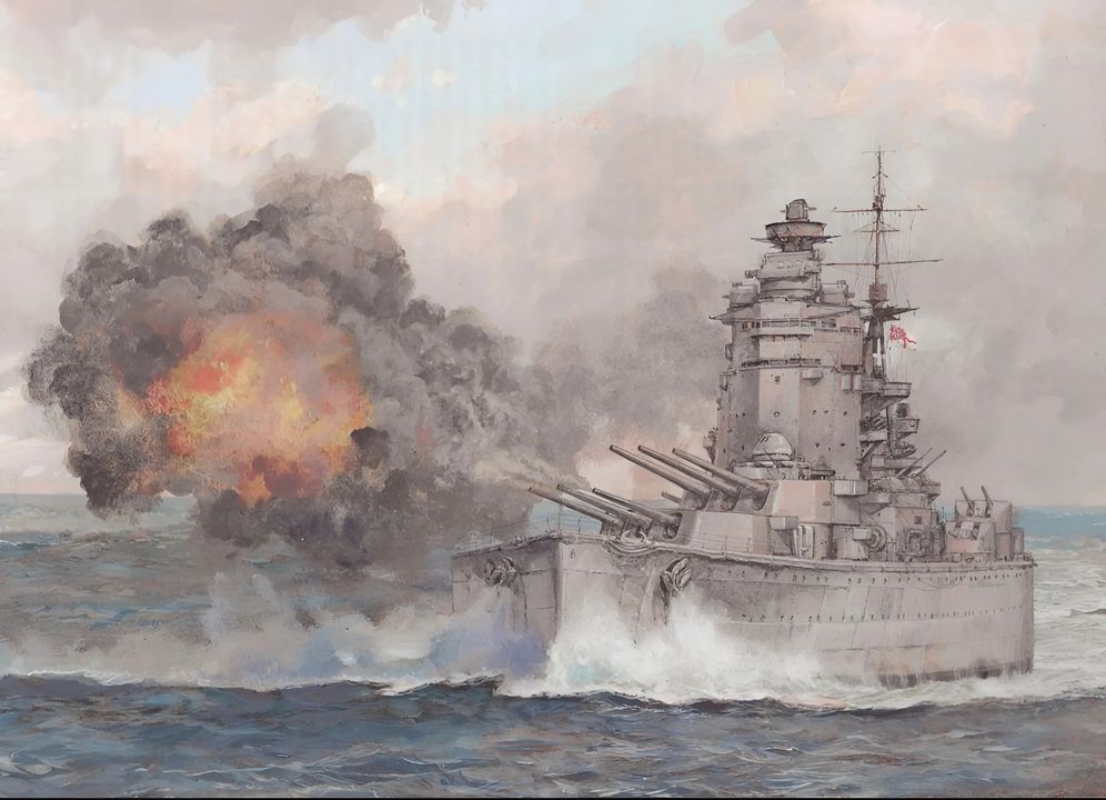 Hình ảnh trận đánh này cho thấy tình hình lúc 9 giờ sáng – thời điểm loạt đạn thứ tư của Đức bắn chụm quanh Rodney. Đến 09 giờ 02 phút, Rodney ghi được phát bắn trúng đầu tiên, vô hiệu hóa các tháp pháo phía trước của Bismarck. Những gì diễn ra sau đó là một trận pháo kích không khoan nhượng, và trong vòng chưa đầy một giờ, thiết giáp hạm Đức trở thành một đống đổ nát bốc cháy. (Tranh của Paul Wright)