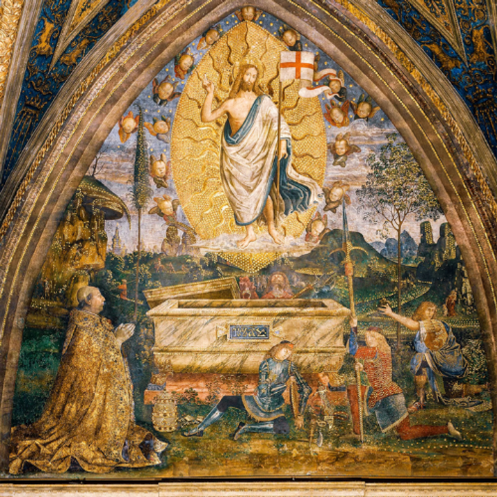 Bức bích họa năm 1494 này được Pinturicchio vẽ cho Phòng Bí ẩn của Căn hộ Borgia tại Cung điện Tông đồ của Vatican. Giáo hoàng Alexander VI (phía dưới bên trái) đang chiêm ngưỡng Chúa Kitô phục sinh, trong khi mũ giáo hoàng của ông nằm trên sàn nhà.