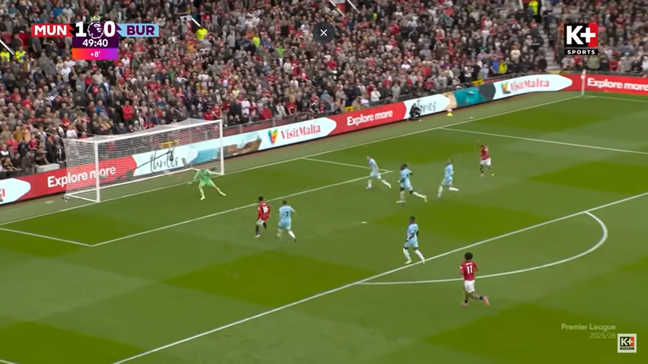 Tình huống Amad Diallo không thể tận dụng cơ hội dù khung thành trống (nguồn: K+ Sports)