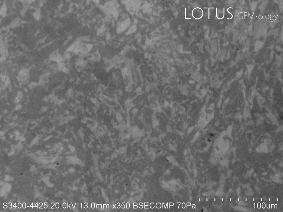 Hình 2. Ảnh điện tử tán xạ ngược (BSE) của mẫu ngọc bích Fei Cui. Vùng sáng là omphacite, vùng tối là jadeite.Trái: Toàn bộ mẫu ngọc bích Fei Cui.Phải: Ảnh phóng đại của cùng mẫu vật cho thấy sự pha trộn phức tạp của omphacite và jadeite ở quy mô rất nhỏ. Ảnh do Edward Liu cung cấp.