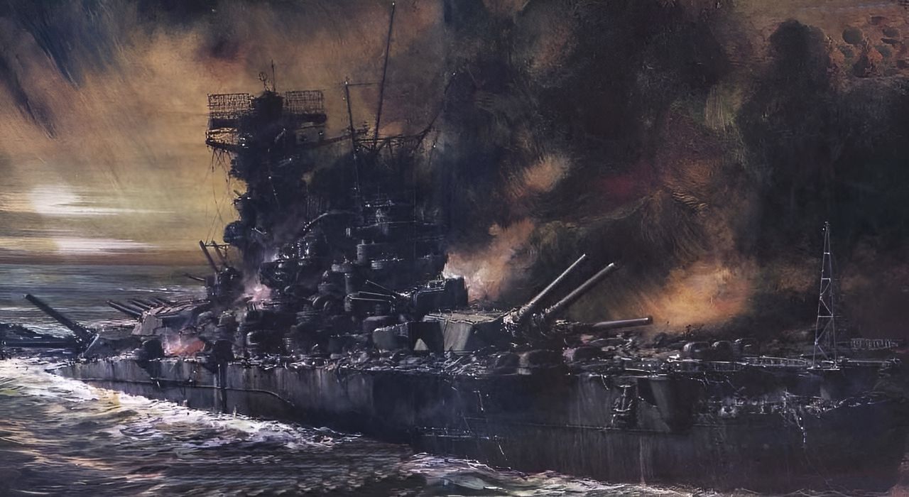 Bức tranh mô tả Musashi vào khoảng 19 giờ 15 phút. Trên tàu, toàn bộ điện năng đã mất, và việc ngăn nước giữa các khoang bị phá hủy trở nên mất kiểm soát và tiến triển không ngừng. Không còn điện, những khẩu pháo lớn của tàu đứng bất động tại vị trí mà chúng đã bắn lần cuối — trớ trêu thay, đó là khi bắn chế áp để ngăn máy bay phóng ngư lôi. Các tháp pháo hạng hai cũng tương tự, chỉ hướng trơ trọi và bất lực lên bầu trời giờ đã yên tĩnh. Chỉ còn các pháo tự động vận hành bằng tay là còn hoạt động. Tác động của bom, dù chủ yếu là bề mặt, đã gây ra những đám cháy lan rộng bên dưới. Khi điện đã tắt, các đám cháy này không thể được khống chế nữa, và một làn khói mờ dần bốc ra từ nhiều khe hở. Đang chìm dần phần mũi và nghiêng nhanh sang mạn trái, con tàu trở nên cực kỳ mất ổn định và, ở cách xa vùng nước nông an toàn, rõ ràng chỉ còn rất ít thời gian. Nhận thấy điều không thể tránh khỏi, thuyền trưởng — thay mặt Chuẩn đô đốc Inoguchi đã tử trận — ra lệnh bỏ tàu. Thủy thủ đoàn được tập hợp ở đuôi để chào việc hạ cờ hiệu, và bức chân dung Thiên hoàng đã được mang lên boong để cứu. Sau khi giải tán, 2.500 thủy thủ trên thiết giáp hạm di chuyển ra phía trước, khẩn trương nhưng không hoảng loạn, đến nơi sẽ ghép mũi vào mạn tàu. Khi mặt trời chìm xuống đường chân trời, bông cúc vàng trên đuôi Musashi lặn xuống biển. Trong vòng 20 phút nữa, con tàu sẽ trở thành lịch sử.