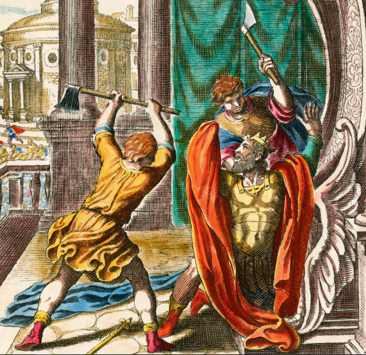 <i>Bạo lực như là một phần của ba vương triều La Mã cuối cùng, mọi chuyện bắt đầu bằng vụ ám sát bằng rìu nhằm vào Tarquin the Elder . AKG/ALBUM.</i>