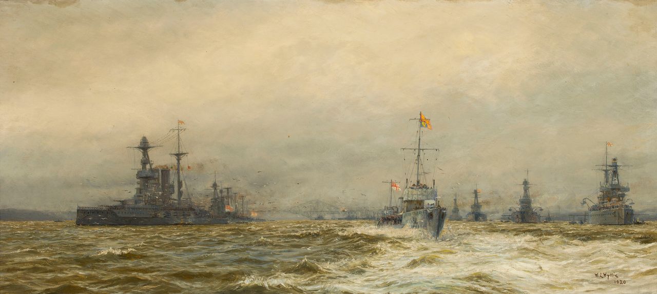 Cuộc duyệt binh của Đại Hạm đội tại Firth of Forth sau Hiệp định đình chiến năm 1918. (Tranh sơn dầu của William Leopold Wyllie)