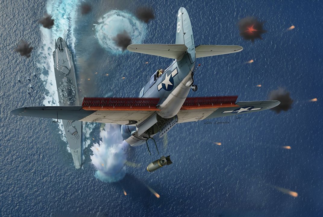 Đợt tấn công đầu tiên vào Lực lượng Tấn công Nghi binh Thứ Nhất được thực hiện bởi máy bay từ TG 38.1. Cuộc tấn công do Trung tá William E. Ellis của không đoàn trên tàu sân bay Intrepid chỉ huy, người đã chọn Musashi làm mục tiêu. Sáu máy bay Helldiver từ VB-18 bắt đầu tấn công. Bay vào những gì được mô tả như một “bức tường” hỏa lực phòng không, các Helldiver chỉ ghi được vài quả bom gần trúng. Để thả vũ khí một cách chính xác, phi công máy bay ném bom bổ nhào sẽ giữ cho đến khi máy bay đạt độ cao 1.500–2.000 ft phía trên mục tiêu. Quả bom 1.000 lb được thả không thể làm tê liệt một thiết giáp hạm bọc giáp nặng, đặc biệt là một con tàu được bảo vệ tốt như Musashi, nhưng nó có thể phá hủy các khẩu pháo phòng không cùng tổ lái trên sàn đáp, từ đó làm cho các đợt tấn công phối hợp của máy bay ném ngư lôi Avenger hiệu quả hơn. Chính xác những gì đã xảy ra với Musashi. Có tới 16 quả bom trúng làm giảm năng lực phòng không của con tàu đến mức các Avenger trong hai đợt tấn công cuối cùng gần như không gặp sự kháng cự nào. (Tranh của Jim Laurier)