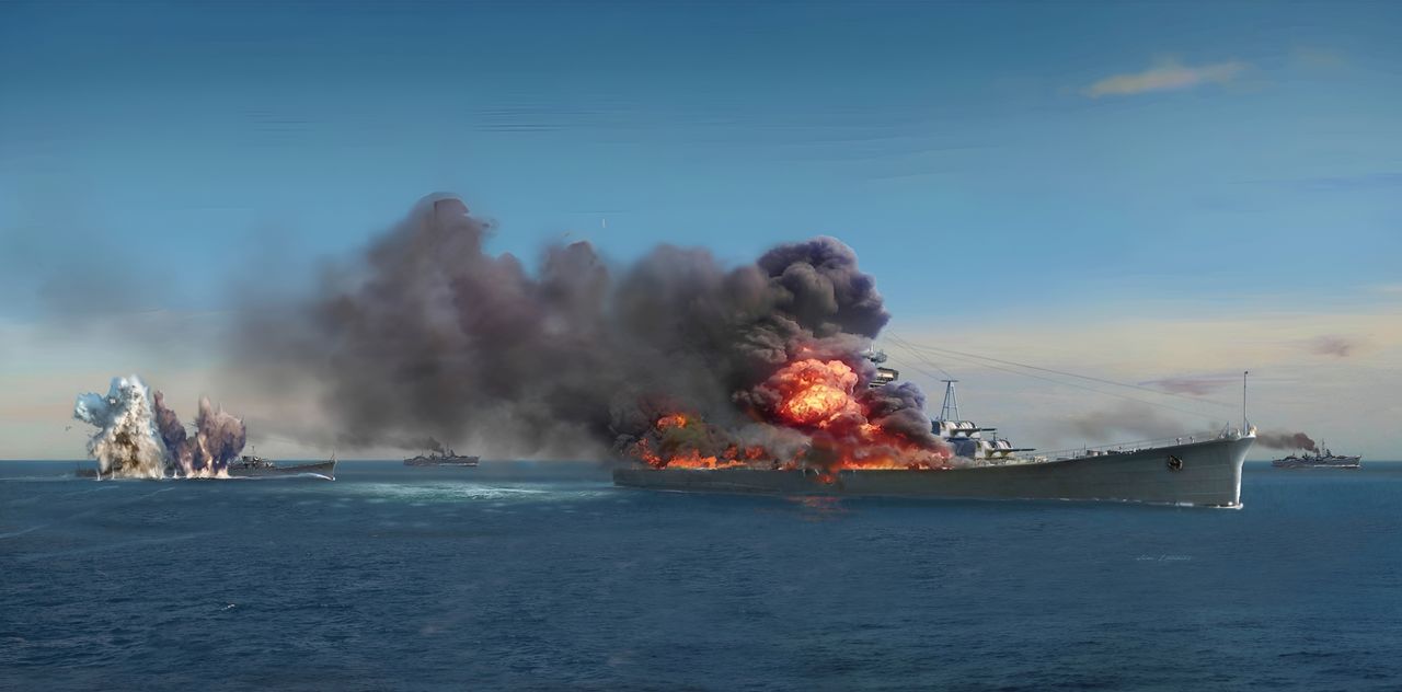 Lực lượng Tấn công Nghi binh Thứ Nhất do Kurita chỉ huy đã có một mở màn xui xẻo khi bị lực lượng tàu ngầm của Mỹ tấn công, báo trước những gì xảy ra sắp tới khi lực lượng của ông tiến về vịnh Leyte. Đòn đánh đầu tiên diễn ra vào ngày 24 tháng 10 tại eo biển Palawan, nơi các tàu ngầm Darter và Dace đã được bố trí sẵn. Sau khi bắt được lực lượng Nhật trên radar lúc 01 giờ 16 phút, Darter phát báo cáo tiếp xúc và chạy hết tốc lực dọc theo eo Palawan để vượt lên phía trước đội hình Nhật, nhằm chiếm vị trí thuận lợi cho một cuộc tấn công. Không gặp tàu khu trục Nhật Bản nào, và phía Nhật cũng không phát hiện được tàu ngầm Mỹ đang nổi trên mặt nước bằng radar. Thiếu tá hải quân McClintock, thuyền trưởng của Darter, dự kiến sẽ tấn công vào lúc rạng sáng. Lúc 06 giờ 10 phút, Darter lặn xuống và chuẩn bị tấn công cột trái của đội hình các tàu hạng nặng trong Phân đội 1 của Kurita. Cột đội hình này do soái hạm Atago của Kurita dẫn đầu. McClintock đổi hướng để chạy song song với cột đội hình, qua đó có thể khai hỏa cả ống phóng ngư lôi mũi và đuôi mà không cần phải quay tàu hoàn toàn. Ở cự ly chỉ dưới 1.000 yard, McClintock phóng toàn bộ sáu ống ngư lôi mũi về phía Atago. Ông nhanh chóng cơ động Darter quay 180°, đưa các ống phóng ngư lôi đuôi vào vị trí bắn đối với tàu tuần dương tiếp theo trong hàng. Ngay khi những vụ nổ dữ dội từ loạt bắn đầu tiên được ghi nhận, quả ngư lôi đầu tiên từ các ống đuôi cũng rời bệ phóng. Trong hình minh họa này, Atago đang bốc cháy sau khi trúng bốn quả ngư lôi. Lúc 06 giờ 34 phút, chỉ một phút sau khi Atago bị đánh trúng, Takao (ở đằng sau Atago) cũng bị trúng hai quả ngư lôi: một quả đánh vào khu vực đài chỉ huy tàu, quả còn lại trúng phần đuôi. Atago, đang bốc cháy dữ dội, bị chìm trong vòng 18 phút kể từ khi trúng ngư lôi. Takao sống sót và lết được về Singapore, nơi con tàu bị đánh giá là không còn khả năng sửa chữa. (Tranh của Jim Laurier)