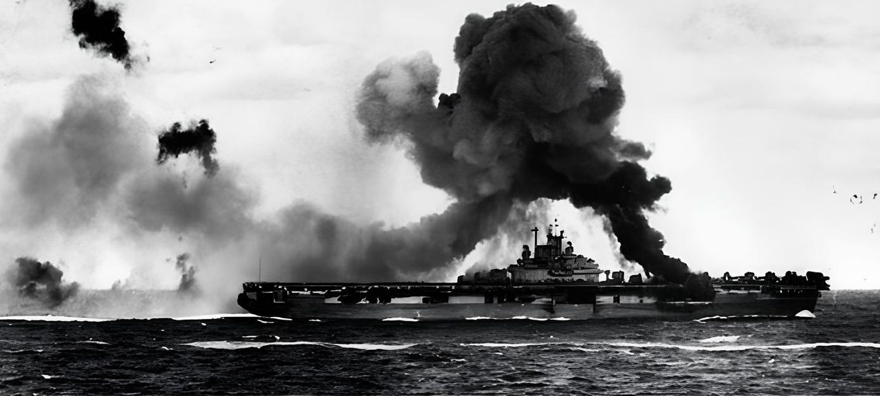 Thách thức nghiêm trọng nhất mà tàu sân bay Hải quân Mỹ phải đối mặt trong chiến tranh chính là kamikaze. Các tàu lớp Essex hứng chịu 13 vụ kamikaze, nhưng không chiếc nào bị đánh chìm. Đây là tàu Intrepid vào ngày 25 tháng 11 năm 1944, khi con tàu bị trúng ba lần bởi kamikaze – nhiều nhất trong số các tàu sân bay Mỹ. (NHHC)