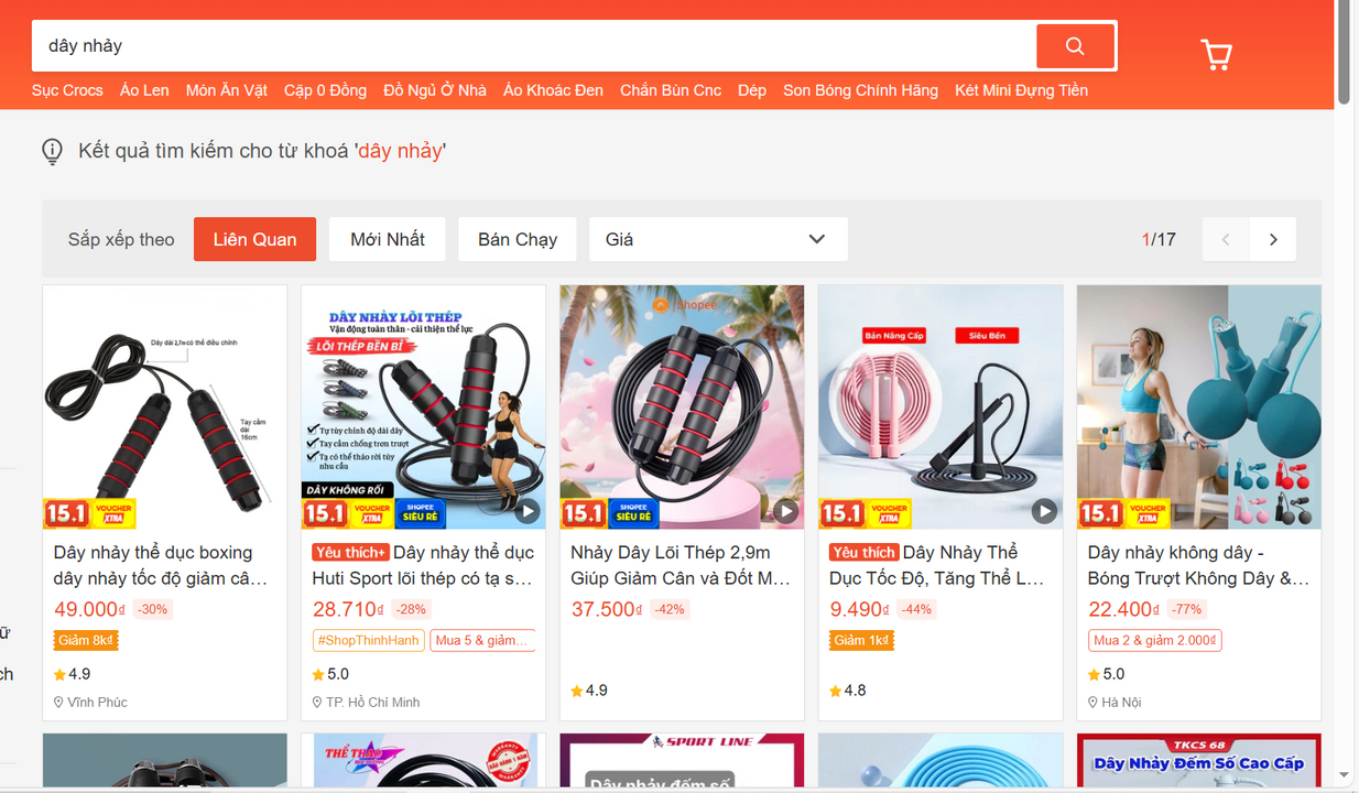 Giá dây nhảy trên sàn thương mại điện tử