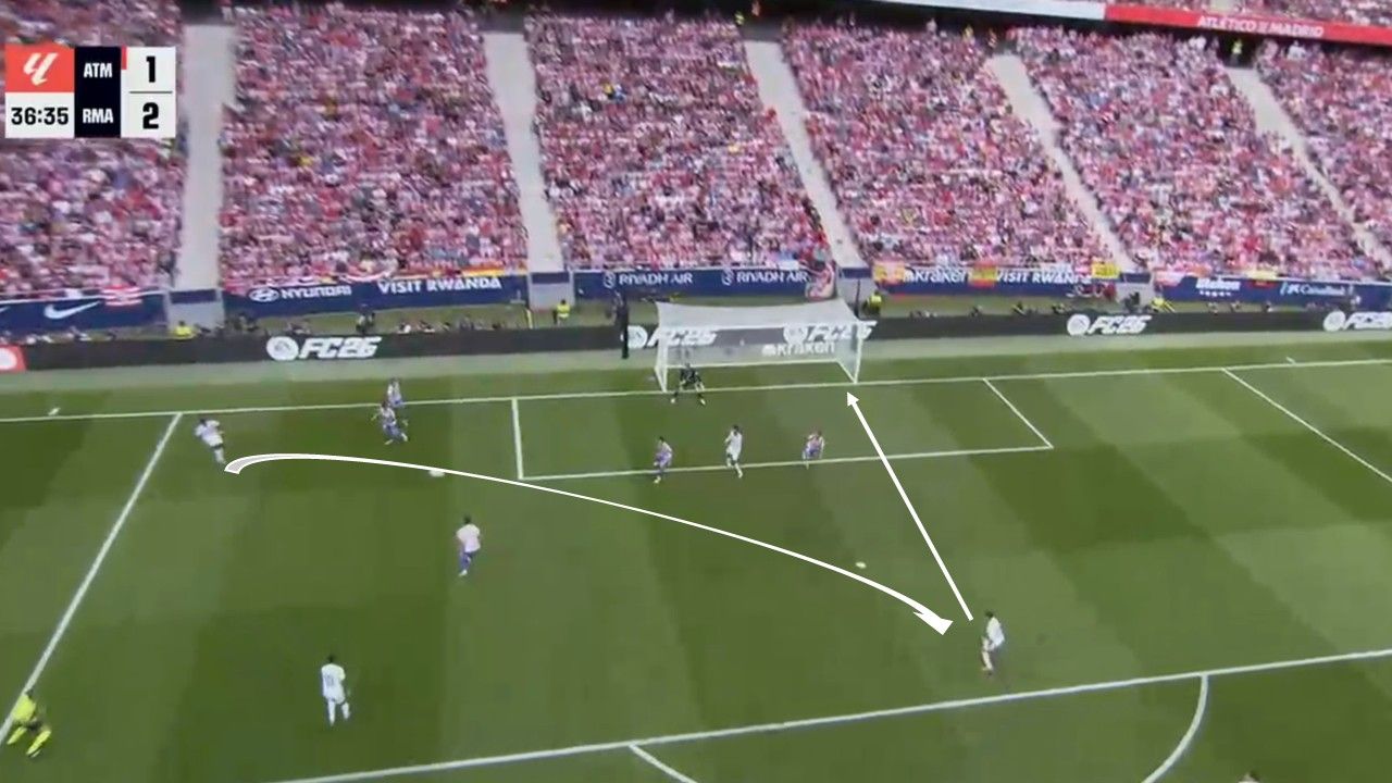 Ở bàn thắng thứ hai, trong một tình huống phản công, Vinicius đã rê nhanh tới gần khu vực cuối sân. Tại đây, ngôi sao người Brazil đã ngoặt bóng để loại bỏ hai cầu thủ Atletico Madrid. Sau đó, anh chuyền bóng chính xác đến vị trí trống trải mà Guler đang đứng. Ngôi sao người Thổ Nhĩ Kỳ không thể từ chối cơ hội ngon ăn và Real có lần thứ hai đưa bóng vào lưới đối thủ.